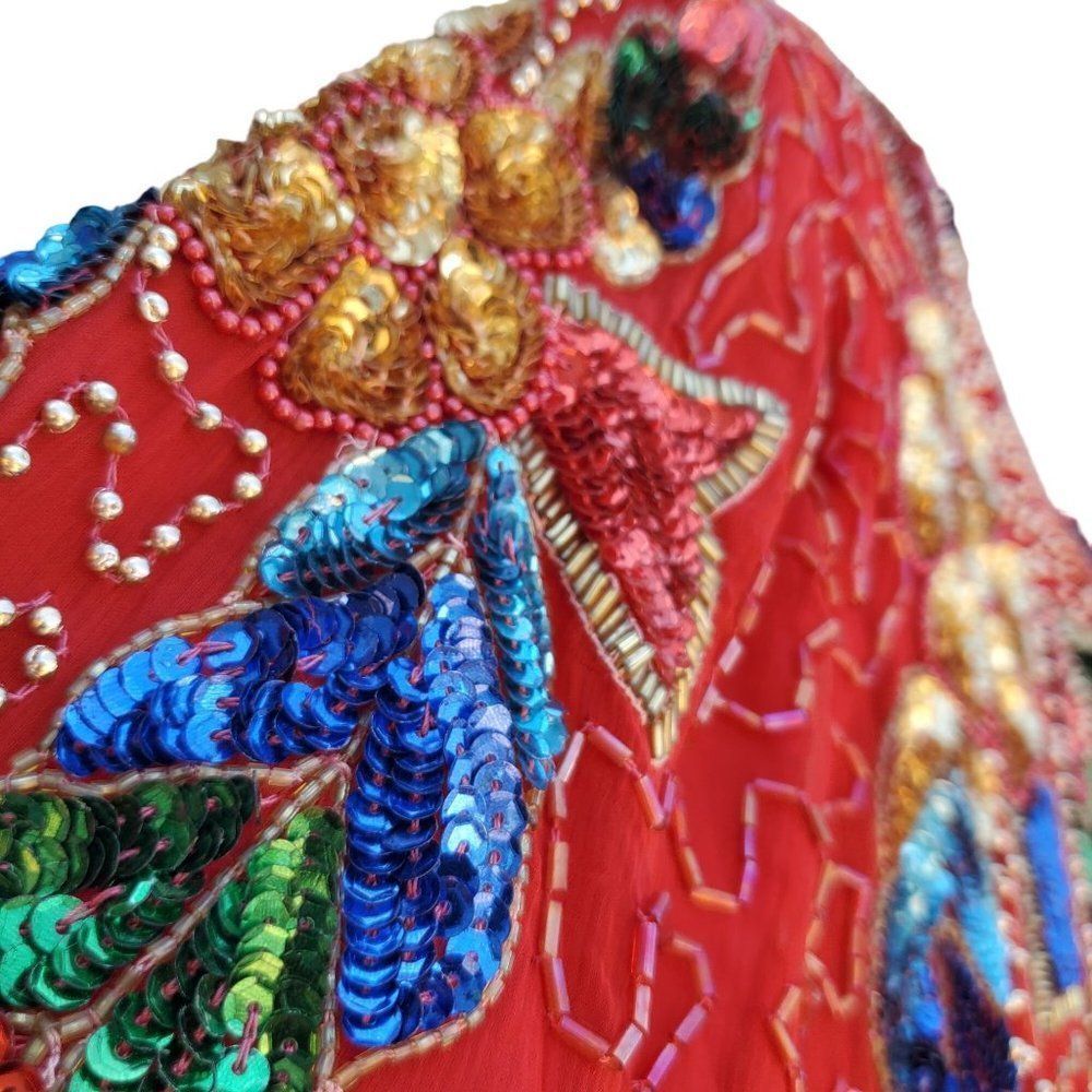 80s Cocktail Dress Short Formal Womens M Red Silk Beaded Embellished Jewel Queen - Picture 8 of 16